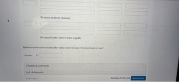 Income $
(To record dividends received)
(To record Golden Valley's share in profit)
(b) How much income would Golden Valley report because of its investment in Hook?
eTextbook and Media
Suve for Later
List of Accounts
|||
100
Attempts: 0 of 3 used Submit Awer