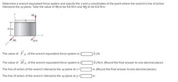 Determine a wrench equivalent force system and specify the x and y coordinates of the point where the wrench's line of action
intersects the xy plane. Take the value of M₁ to be 4.6 N·m and M2 to be 6.6 N-m.
0.8 m
y
1 m
M1
M2
10 N
x
The value of FR of the wrench equivalent force system is
The value of MR of the wrench equivalent force system is
The line of action of the wrench intersects the xy plane at x=
The line of action of the wrench intersects the xy plane at y =
k) N.
) N.m. (Round the final answer to one decimal place.)
m. (Round the final answer to two decimal places.)
m.