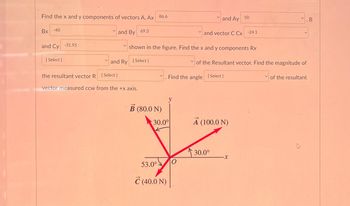 Find the x and y components of vectors A, Ax 86.6
Bx
-40
and Cy
-31.95
[Select]
and By 69.3
and Ay
50
B
and vector C Cx -24.1
shown in the figure. Find the x and y components Rx
and Ry
[Select]
of the Resultant vector. Find the magnitude of
the resultant vector R [Select]
Find the angle [Select]
of the resultant
vector measured ccw from the +x axis.
B (80.0 N)
30.0°
A (100.0 N)
30.0°
X
10
53.0°
Č (40.0 N)
1