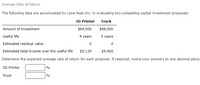 Average Rate of Return
The following data are accumulated by Lone Peak Inc. in evaluating two competing capital investment proposals:
3D Printer Truck
Amount of investment
$64,000
$48,000
Useful life
4 years
5 years
Estimated residual value
Estimated total income over the useful life
$5,120
$9,600
Determine the expected average rate of return for each proposal. If required, round your answers to one decimal place.
3D Printer
%
Truck
%
