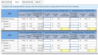 Req 1A and 18
Req 2
Req 3A and 3B
Reg 30
Compute cost of goods sold for January and the ending inventory using both the FIFO and LIFO methods.
Cost of Goods Available for Sale
Cost of Goods Sold - Periodic FIFO
Ending Inventory - Periodic FIFO
Cost of Goods # of units Cost per
# of units
in ending
inventory
FIFO
Cost per
Cost of
Goods Sold
Cost per
unit
Ending
Inventory
# of units
Available for
Sale
unit
sold
unit
Beginning Inventory
1,350 $ 100 $
135,000
$
100
$
100 $
Purchases:
January 15
January 21
Total
2,800 $
115
322,000
$
115
$
115
2,600 $ 120
312,000
120
$
120
6,750
769,000
$
Cost of Goods Available for Sale
Cost of Goods Sold - Periodic LIFO
Ending Inventory - Periodic LIFO
Cost of Goods
Available for
Sale
# of units
in ending
inventory
LIFO
Cost per
unit
# of units
sold
Cost of
Cost per
unit
Cost per
unit
Ending
Inventory
# of units
Goods Sold
Beginning Inventory
Purchases:
1,350 $ 100 $
135,000
$
100 $
$
100
2,800 $ 115
2,600 $ 120
January 15
322,000
$
115
$
115
January 21
312,000
$
120
$
120
Total
6,750
$
769,000
$
$
%24
