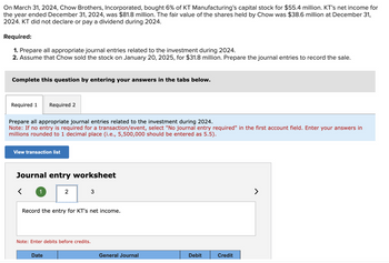 On March 31, 2024, Chow Brothers, Incorporated, bought 6% of KT Manufacturing's capital stock for $55.4 million. KT's net income for
the year ended December 31, 2024, was $81.8 million. The fair value of the shares held by Chow was $38.6 million at December 31,
2024. KT did not declare or pay a dividend during 2024.
Required:
1. Prepare all appropriate journal entries related to the investment during 2024.
2. Assume that Chow sold the stock on January 20, 2025, for $31.8 million. Prepare the journal entries to record the sale.
Complete this question by entering your answers in the tabs below.
Required 1
Prepare all appropriate journal entries related to the investment during 2024.
Note: If no entry is required for a transaction/event, select "No journal entry required" in the first account field. Enter your answers in
millions rounded to 1 decimal place (i.e., 5,500,000 should be entered as 5.5).
View transaction list
Required 2
Journal entry worksheet
<
1
2
Date
Record the entry for KT's net income.
Note: Enter debits before credits.
3
General Journal
Debit
Credit
>