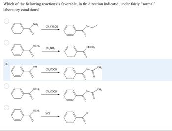 Which of the following reactions is favorable, in the direction indicated, under fairly "normal"
laboratory conditions?
NH₂
OCH3
OH
OCH3
CH,CH,OH
OCH3
CHÍNH,
CH, COOH
CH, COOH
or-om
NHCH3
HC1
an"
CH3
CI
CH3