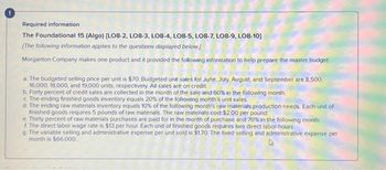 Required information
The Foundational 15 (Algo) [LO8-2, LO8-3, LO8-4, LO8-5, LO8-7, LO8-9, LO8-10]
[The following information applies to the questions displayed below]
Morganton Company makes one product and it provided the following information to help prepare the master budget:
a. The budgeted selling price per unit is $70. Budgeted unit sales for June, July. August, and September are 8,500,
16,000, 18,000, and 19,000 units, respectively. All sales are on credit.
b. Forty percent of credit sales are collected in the month of the sale and 60% in the following month
c. The ending finished goods inventory equals 20% of the following month's unit sales.
d. The ending raw materials inventory equals 10% of the following month's raw materials production needs. Each unit of
finished goods requires 5 pounds of raw materials. The raw materials cost $2.00 per pound.
e. Thirty percent of raw materials purchases are paid for in the month of purchase and 70% in the following month.
f. The direct labor wage rate is $13 per hour. Each unit of finished goods requires two direct labor-hours.
g. The variable selling and administrative expense per unit sold is $170. The fixed selling and administrative expense per
month is $66,000.