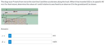 The drag racer P starts from rest at the start line S and then accelerates along the track. When it has traveled 102 m, its speed is 40
m/s. For that instant, determine the values of r and relative to axes fixed to an observer O in the grandstand G as shown.
40 m
Answers:
r
0
=
=
HI
m/s
rad/s