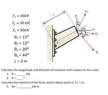 F₁ = 80kN
F₁
F₁
=
85kN
0₁ = 15⁰
0₂ = 12⁰
03 = 20⁰
04 = 44⁰
L = 3 m
30 kN
=
01
0
F₁
03 04
X
F₂
F3
Calculate the magnitude and direction of resultant with respect to the x-axis.
1. R =
kN
2. Ꮎ =
Calculate the moment of the force system about point A, if L = m.
kN-m
3. M =