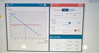 ces
II. GRAPH
($) Price
90 $90.00
80
70
60
50
40
30
20
10
0
150.00
1.0 2.0
3.0
4.0
5.0 6.0
7.0
Tax Burden
S
8.0 9.0
off
Quantity
(thousands per week)
SETTINGS
Tax imposed on: Supply
Excise Tax (0-$20)
Demand
Perfectly
Inelastic
Supply
Lew
Elastic
CALCULATIONS
No Tax
With Tax
Perfectly fiestic
Demand
Price Paid
$50.00
$50.00
0.00
Relatively
Perfectly
Elastic
Quantity
4,000
4,000