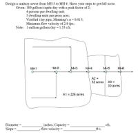 Design a sanitary sewer from MH 5 to MH 6. Show your steps to get full score.
Given: 100 gallons/capita-day with a peak factor of 2;
4 persons per dwelling unit;
5 dwelling units per gross acre;
Vitrified clay pipe, Manning's n= 0.015;
Minimum flow velocity of 2.0 fps;
Note: 1 million gallons/day =1.55 cfs.
MH1
MH2
MH3
MH4
MH5
MH6
A2 =
32 acres
A3 =
30 acres
A1 = 226 acres
inches, Capacity
flow velocity
Diameter =
cfs,
Slope =
ft/s.
