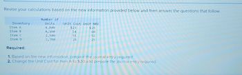 Revise your calculations based on the new information provided below and then answer the questions that follow.
Number of
Units
4,800
4,100
2,500
2,700
Inventory
Item A
Item B
Item C
Item D
Unit Cost Unit NRV
$29
$28
54
60
55
28
52
25
Required:
1. Based on the new information, prepare the journal entry required:
2. Change the Unit Cost for Item A to $30 and prepare the journal entry required: