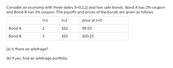 Consider an economy with three dates (t=0,1,2) and two safe bonds. Bond A has 2% coupon
and Bond B has 3% coupon. The payoffs and prices of the bonds are given as follows
price at t=0
99.50
100.25
Bond A
Bond B
t=1
2
3
t=2
102
103
(a) Is there an arbitrage?
(b) If yes, find an arbitrage portfolio.