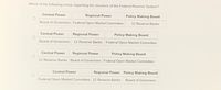 The text is a multiple-choice question regarding the structure of the Federal Reserve System. It lists four options, each mapping elements of the Federal Reserve System to categories (Central Power, Regional Power, Policy Making Board). Below are the options presented:

1. **Option 1:**
   - Central Power: Board of Governors
   - Regional Power: Federal Open Market Committee
   - Policy Making Board: 12 Reserve Banks

2. **Option 2:**
   - Central Power: Board of Governors
   - Regional Power: 12 Reserve Banks
   - Policy Making Board: Federal Open Market Committee

3. **Option 3:**
   - Central Power: 12 Reserve Banks
   - Regional Power: Board of Governors
   - Policy Making Board: Federal Open Market Committee

4. **Option 4:**
   - Central Power: Federal Open Market Committee
   - Regional Power: 12 Reserve Banks
   - Policy Making Board: Board of Governors

The question does not include any graphs or diagrams. The task is to identify the correct structure of the Federal Reserve System based on the options given.