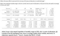 What is the exact effect (in percent) of an increase of 10 years of education on predicted wage?
What is the predicted monthly wage in US$ for a worker with 10 years of education, an IQ score of 100, who works on average
40 hours per week?
Source
SS
df
MS
Number of obs
935
F (4, 930)
36.82
Model
22.6467366
4
5.66168416
Prob > F
0.0000
Residual
143.009547
930
.153773706
R-squared
Adj R-squared
0.1367
0.1330
%3D
Total
165.656283
934
.177362188
Root MSE
.39214
lwage
Сoef.
Std. Err.
t
P> |t|
[95% Conf. Interval]
educ
0400982
.0068351
5.87
0.000
.0266843
.0535122
IQ
.005914
.0009967
5.93
0.000
.0039579
.0078701
hours
.0035899
.013037
0.28
0.783
-.0219954
.0291752
hours2
-.0000842
.0001298
-0.65
0.517
-.0003389
.0001706
cons
5.649044
.3240363
17.43
0.000
5.013117
6.284971
where Iwage is the natural logarithm of monthly wage in US$, educ is years of education, IQ
is points on an IQ intelligence test, hours is average weekly hours worked, and hours2 is
experience squared (hours * hours). Assume that MLR 1-6 hold.
