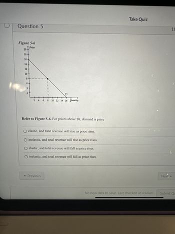 D
Question 5
Figure 5-6
20 1 Price
18+
16
14
12
10
8
6
2
D
++
2 4 6 8 10 12 14 16 Quantity
Refer to Figure 5-6. For prices above $8, demand is price
O elastic, and total revenue will rise as price rises.
O inelastic, and total revenue will rise as price rises.
O elastic, and total revenue will fall as price rises.
O inelastic, and total revenue will fall as price rises.
< Previous
Take Quiz
No new data to save. Last checked at 4:44am
10
Next ▸
Submit Qu