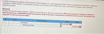 ms awa
In 2021, the internal auditors of Development Technologies, Inc., discovered that a $4.5 million purchase of merchandise in 2021 was
recorded in 2020 instead. The physical inventory count at the end of 2020 was correct. Assume the company uses a periodic
Inventory system.
Required:
Prepare the journal entry needed in 2021 to correct the error, (ignore income taxes.) (Enter your answers in millions rounded to 1
decimal place (i.e., 5,500,000 should be entered as 5.5). If no entry is required for a transaction/event, select "No journal entry
required" in the first account field.)
Event
General Journal
Credit
No
1
Debit
4,500,000,000
Purchases
4,500,000,000
Retained earnings