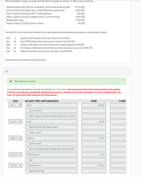 The stockholders' equity accounts of Cullumber Company on January 1, 2022, were as follows.
Preferred Stock (8%, $50 par, cumulative, 10.000 shares authorized)
$ 375.000
Common Stock ($1 stated value, 1,900,000 shares authorized)
1,000,000
Paid-in Capital in Excess of Par-Preferred Stock
100,000
Paid-in Capital in Excess of Stated Value-Common Stock
1,400,000
Retained Earnings
1,750,000
Treasury Stock (10,000 common shares)
40.000
During 2022, the corporation had the following transactions and events pertaining to its stockholders' equity.
Issued 24,000 shares of common stock for $115,000.
Feb.
1
Apr.
14
Sold 5,500 shares of treasury stock-common for $32,000.
Sept.
3
Issued 4,700 shares of common stock for a patent valued at $34.000.
Nov.
10
Purchased 1,000 shares of common stock for the treasury at a cost of $5.700.
Dec
31
Determined that net income for the year was S400,000.
No dividends were declared during the year.
(a)
Your answer is correct.
Journalize the transactions and the closing entry for net income. (Record journal entries in the order presented in the problem.
Credit account titles are automatically indented when amount is entered. Do not indent manually. If no entry is required, select "No
Entry" for the account titles and enter O for the amounts.)
Date
Account Titles and Explanation
Debit
Credit
Feb. 1
Cash
115,000
Common Stock
Pald-In Capltal In Excess of Stated Value-Common Stock
Apr. 14
Cash
32,000
Pald-In Capltal from Treasury Stock
Treasury Stock
Sept. 3
Patents
34,000
Common Stock
Pald-In Capltal In Excess of Stated Value-Common Stock
Nov. 10 v
Treasury Stock
5,700
Cash
Dec. 31
Income Summary
400,000
Retalned Earnings
