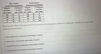 Blue Violet's
production possibilities
Teapots
(number
per week)
150
100
50
0
&
&
&
&
Sweet Pansy's
production possibilities
Coffeepots
(number
per week)
Coffeepots Teapots
(number (number
per week) per week)
0
150
25
100
50
50
75
0
&
&
&
0
50
100
150
Two countries, Blue Violet and Sweet Pansy, produce only two goods, teapots and coffee pots. The table above gives their
production possibilities.
Blue Violet has a comparative advantage in teapots.
Both have a comparative advantage in teapots.
Sweet Pansy has a comparative advantage in teapots.
Sweet Pansy has an absolute advantage in teapots.