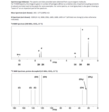 ### Spectroscopy Unknown

The spectra and data provided were obtained from a pure organic molecule.

#### Mass Spectrum (not shown):
- **[M] = 177 (100%) m/z**

#### IR Spectrum (not shown):
- **Key Absorption Bands** (all listed are strong unless otherwise indicated):
  - 3200 (sh m)
  - 3060
  - 2981
  - 1685
  - 1600
  - 1495 cm⁻¹

#### ¹H NMR Spectrum (400 MHz, CDCl₃, 25 °C)

The ¹H NMR spectrum displays the following peaks:

- **0.9 ppm**: Singlet (s), corresponding to 6 hydrogens.
- **1.7 ppm**: Doublet (d), corresponding to 3 hydrogens.
- **2.2 ppm**: Multiplet (m), corresponding to 1 hydrogen.
- **6.5 ppm**: Doublet (d), corresponding to 2 hydrogens.
- **7.3 ppm**: Doublet (d), corresponding to 2 hydrogens.
- **10 ppm**: Broad singlet (br s), corresponding to 1 hydrogen.

#### ¹³C NMR Spectrum, proton-decoupled (125 MHz, CDCl₃, 25 °C)

The ¹³C NMR spectrum illustrates:

- **20 ppm**: (CH₃)
- **30 ppm**: (CH₃)
- **50 ppm**: (CH)
- **70 ppm**: (CH)
- **120 ppm**: (CH)
- **130 ppm**: (CH)
- **140 ppm**: (C)
- **160 ppm**: (C)
- **170 ppm**: (C)

This data assists in identifying the molecular structure by providing information on the number and types of hydrogen and carbon environments present in the molecule. The integration of peaks in the ¹H NMR spectrum corresponds to the number of hydrogens, while the splitting patterns (singlets, doublets, multiplets) offer insight into the hydrogen’s neighboring atoms. Similarly, the ¹³C NMR spectrum reveals distinct carbon environments within the compound.