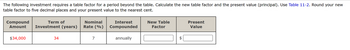 The following investment requires a table factor for a period beyond the table. Calculate the new table factor and the present value (principal). Use Table 11-2. Round your new
table factor to five decimal places and your present value to the nearest cent.
Term of
Compound
Amount Investment (years)
$34,000
34
Nominal
Rate (%)
7
Interest
Compounded
annually
New Table
Factor
tA
Present
Value