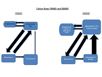 Oceanic CO₂
Biospheric C
1500AD
Atmospheric
CO₂
Lithospheric C
Carbon flows 1500AD and 2000AD
Oceanic CO₂
? Increase in
acidity due to
H₂CO:
Biospheric C
2000AD
Atmospheric CO₂
Volume increase
Lithospheric C
Decrease