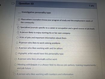 Question 10
1 pts
Investigative personality type
O Place where counselors know your program of study and the employment needs of
the community
O Specialized journals specific to a career or occupation and a good source of job leads
○ A person likely to enjoy starting his or her own company
○ A list of jobs and important information about them
OA person who likes to work solving problems
OA person who likes working with and for others
OA graphic artist would have this personality type
A person who likes physically active work
O Meeting with people in a chosen field to discuss job options, training requirements,
and job future
OA person who likes working with numbers and information