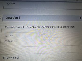 False
Question 2
Knowing yourself is essential for attaining professional satisfaction.
O True
False
Question 3
1