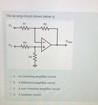 The op-amp circuit shown below is:
R1
R2
V1
R3
Vout
Vz o W
R4
O a.
An inverting amplifier circuit
O b. A difference amplifier circuit
O c. A non-inverting amplifier circuit
O d. A Summer circuit
