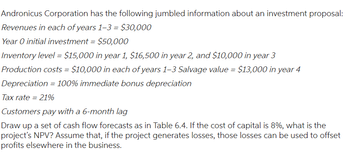 Andronicus Corporation has the following jumbled information about an investment proposal:
Revenues in each of years 1-3 = $30,000
Year O initial investment = $50,000
Inventory level = $15,000 in year 1, $16,500 in year 2, and $10,000 in year 3
Production costs = $10,000 in each of years 1-3 Salvage value = $13,000 in year 4
Depreciation = 100% immediate bonus depreciation
Tax rate=21%
Customers pay with a 6-month lag
Draw up a set of cash flow forecasts as in Table 6.4. If the cost of capital is 8%, what is the
project's NPV? Assume that, if the project generates losses, those losses can be used to offset
profits elsewhere in the business.