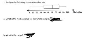 1. Analyze the following box-and-whisker plot.
0 10 20 30 40 50 60 70 80 90 100
Mark (%)
a) What is the median value for the whole sample?
b) What is the range? (IT