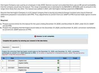 Harrington Company was sued by an employee in late 2020. General counsel concluded that there was an 80 percent probability
that the company would lose the lawsuit. The range of possible loss is estimated to be $20,000 to $70,000, with no amount in the
range more likely than any other. The lawsuit was settled in 2021, with Harrington making a payment of $60,000.
Assume that Harrington Company is a U.S.-based company that is issuing securities to foreign investors who require financial
statements prepared in accordance with IFRS. Thus, adjustments to convert from U.S. GAAP to IFRS must be made. Ignore income
taxes.
Required:
a. Prepare journal entries for this lawsuit for the years ending December 31, 2020, and December 31, 2021, under (1) U.S. GAAP
and (2) IFRS.
b. Prepare the entry(ies) that Harrington would make on the December 31, 2020, and December 31, 2021, conversion worksheets
to convert U.S. GAAP balances to IFRS.
Complete this question by entering your answers in the tabs below.
Required A
No
Prepare the entry(ies) that Harrington would make on the December 31, 2020, and December 31, 2021, conversion
worksheets to convert U.S. GAAP balances to IFRS. (If no entry is required for a transaction/event, select "No journal entry
required" in the first account field.)
1
Required B
2
Date
12/31/2020 Litigation loss
12/31/2021
Answer is not complete.
Litigation liability
Retained earnings
Litigation loss
Account Title
30 00
Debit
Credit