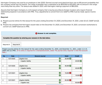 Harrington Company was sued by an employee in late 2020. General counsel concluded that there was an 80 percent probability that
the company would lose the lawsuit. The range of possible loss is estimated to be $20,000 to $70,000, with no amount in the range
more likely than any other. The lawsuit was settled in 2021, with Harrington making a payment of $60,000.
Assume that Harrington Company is a U.S.-based company that is issuing securities to foreign investors who require financial
statements prepared in accordance with IFRS. Thus, adjustments to convert from U.S. GAAP to IFRS must be made. Ignore income
taxes.
Required:
a. Prepare journal entries for this lawsuit for the years ending December 31, 2020, and December 31, 2021, under (1) U.S. GAAP and (2)
IFRS.
b. Prepare the entry(ies) that Harrington would make on the December 31, 2020, and December 31, 2021, conversion worksheets to
convert U.S. GAAP balances to IFRS.
Complete this question by entering your answers in the tabs below.
Required A Required B
Prepare journal entries for this lawsuit for the years ending December 31, 2020, and December 31, 2021, under (1) U.S.
GAAP and (2) IFRS. (If no entry is required for a transaction/event, select "No journal entry required" in the first account
field.)
No
1
2
3
4
Date
12/31/2020
12/31/2020
12/31/2021
12/31/2021
Litigation loss
Litigation liability
Litigation loss
Litigation liability
Litigation loss
X Answer is not complete.
Litigation liability
Litigation liability
Litigation loss
General Journal
33 33
››
✓
✓
Debit
20,000✔
45,000 ✓
15,000 X
60,000 X
Credit
20,000✔
45,000✔
15,000 X
60,000 X