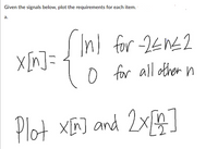 Given the signals below, plot the requirements for each item.
a.
Inl
for 2EnE2
x[n]= "n fr all othem n
Plot XEJ and 2x]
