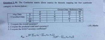 Question 2: B) The Confusion matrix (Error matrix) for thematic mapping has four a particular
category as shown below:
Ground Data/Reference Data
D
C
AG
SB
Map Data
D
65
4
22
24
/Classified Data
C
6
81
5
8
AG
0
85
19
SB
4
7
3
90
1. Compute the overall accuracy?
2. Compute the producer's and user's accuracy?
3. Compute the KHAT accuracy coefficient?
Kha
(15) Marks