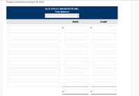 Prepare a trial balance on April 30, 2022.
BLUE SPRUCE ARCHITECTS INC.
Trial Balance
Debit
Credit
$
%24
%24
%24
%24
