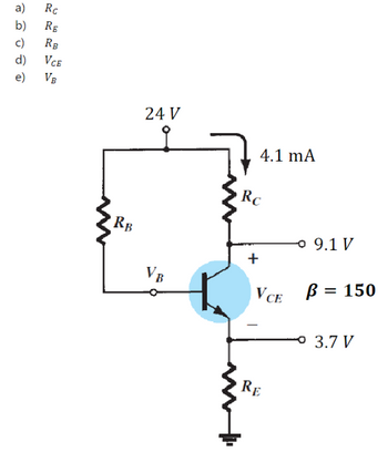 a)
Rc
b) RE
RB
c)
d)
VCE
e) VB
RB
24 V
VE B
4.1 mA
Rc
+
VCE
RE
9.1 V
B = 150
3.7 V