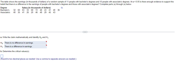 The table shows the earnings (in thousands of dollars) of a random sample of 11 people with bachelor's degrees and 10 people with associate's degrees. At a = 0.05 is there enough evidence to support the
belief that there is a difference in the earnings of people with bachelor's degrees and those with associate's degrees? Complete parts (a) through (e) below.
Degree
Bachelor's 32 60
Associate's 40 35 41
Salary (in thousands of dollars)
D
63 33 68 72 48 43 41 40 36
26 20 46 48 29 45 43
a. Write the claim mathematically and identify Ho and H₁.
Ho: There is no difference in earnings.
H₁: There is a difference in earnings.
b. Determine the critical values(s).
(Round to two decimal places as needed. Use a comma to separate answers as needed.)