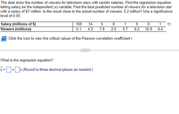 The data show the number of viewers for television stars with certain salaries. Find the regression equation,
letting salary be the independent (x) variable. Find the best predicted number of viewers for a television star
with a salary of $7 million. Is the result close to the actual number of viewers, 5.2 million? Use a significance
level of 0.05.
Salary (millions of $)
108 14 5 8
5.1 4.3 7.8 2.5
Viewers (millions)
Click the icon to view the critical values of the Pearson correlation coefficient r.
What is the regression equation?
y=+x (Round to three decimal places as needed.)
X
1
1 5 8
5.7 8.2 10.9 4.4
