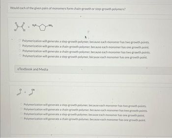 Would each of the given pairs of monomers form chain-growth or step-growth polymers?
000
+
H₂N.
-NH₂
Polymerization will generate a step-growth polymer, because each monomer has two growth points.
Polymerization will generate a chain-growth polymer, because each monomer has one growth point.
Polymerization will generate a chain-growth polymer, because each monomer has two growth points.
Polymerization will generate a step-growth polymer, because each monomer has one growth point.
eTextbook and Media
Polymerization will generate a step-growth polymer, because each monomer has two growth points.
OPolymerization will generate a chain-growth polymer, because each monomer has two growth points.
Polymerization will generate a step-growth polymer, because each monomer has one growth point.
Polymerization will generate a chain-growth polymer, because each monomer has one growth point.