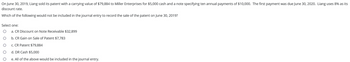 On June 30, 2019, Liang sold its patent with a carrying value of $79,884 to Miller Enterprises for $5,000 cash and a note specifying ten annual payments of $10,000. The first payment was due June 30, 2020. Liang uses 8% as its
discount rate.
Which of the following would not be included in the journal entry to record the sale of the patent on June 30, 2019?
Select one:
a. CR Discount on Note Receivable $32,899
b. CR Gain on Sale of Patent $7,783
c. CR Patent $79,884
d. DR Cash $5,000
e. All of the above would be included in the journal entry.