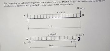 For the cantilever and simply-supported beams given below use Double Integration to determine the slope and
displacement equations and graph both results versus positon along the beam.
A
7 ft
Pin
A
2 kips/ft
3 kips/ft
Bmm
10 ft
8 kips
B
50 kip-ft