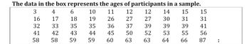 The data in the box represents the ages of participants in a sample.

3, 4, 6, 10, 11, 12, 12, 14, 15, 15  
16, 17, 18, 19, 26, 27, 27, 30, 31, 31  
32, 33, 35, 35, 36, 37, 39, 39, 39, 41  
41, 42, 43, 44, 45, 50, 52, 53, 55, 56  
58, 58, 59, 59, 60, 63, 63, 64, 66, 87  

This dataset provides a range of ages from a group of participants, illustrating diversity in age distribution. It can be used to analyze age-specific trends, perform statistical analyses, and understand demographic characteristics.