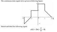 The continuous time signal x(t) is given in following figure:
-2
1
2 t
Sketch and label the following signal.
x(t) = 2x(
4)
-;
|
2
2.
