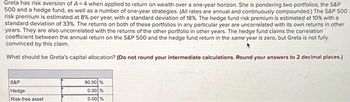 Greta has risk aversion of A=4 when applied to return on wealth over a one-year horizon. She is pondering two portfolios, the S&P
500 and a hedge fund, as well as a number of one-year strategies. (All rates are annual and continuously compounded.) The S&P 500
risk premium is estimated at 8% per year, with a standard deviation of 18%. The hedge fund risk premium is estimated at 10% with a
standard deviation of 33%. The returns on both of these portfolios in any particular year are uncorrelated with its own returns in other
years. They are also uncorrelated with the returns of the other portfolio in other years. The hedge fund claims the correlation
coefficient between the annual return on the S&P 500 and the hedge fund return in the same year is zero, but Greta is not fully
convinced by this claim.
What should be Greta's capital allocation? (Do not round your intermediate calculations. Round your answers to 2 decimal places.)
S&P
Hedge
Risk-free asset
90.00 %
0.00 %
0.00%