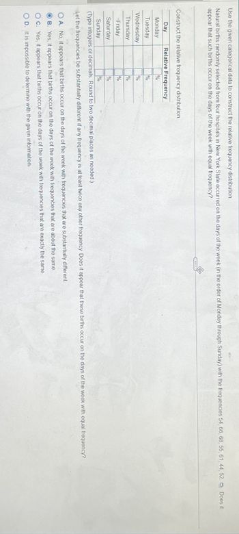 Use the given categorical data to construct the relative frequency distribution.
Natural births randomly selected from four hospitals in New York State occurred on the days of the week (in the order of Monday through Sunday) with the frequencies 54, 66, 68, 55, 61, 44, 52 Does it
appear that such births occur on the days of the week with equal frequency?
Construct the relative frequency distribution.
Relative Frequency
%
%
%
%
%
%
%
Day
Monday
Tuesday
Wednesday
Thursday
Friday
Saturday.
Sunday
(Type integers or decimals. Round to two decimal places as needed.)
Let the frequencies be substantially different if any frequency is at least twice any other frequency Does it appear that these births occur on the days of the week with equal frequency?
OA. No, it appears that births occur on the days of the week with frequencies that are substantially different.
OB. Yes, it appears that births occur on the days of the week with frequencies that are about the same.
OC. Yes, it appears that births occur on the days of the week with frequencies that are exactly the same.
OD. It is impossible to determine with the given information.