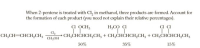 When 2-pentene is treated with Cl, in methanol, three products are formed. Account for
the formation of each product (you need not explain their relative percentages).
CI OCH3
H,CO CI
CI CI
Cle
CH;CHCHCH,CH, + CH;CHCHCH,CH3 + CH,CHČHCH,CH,
CH;OH
CH;CH=CHCH,CH,
50%
35%
15%
