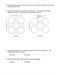 h) Why did the steelworkers introduce the carbon into the metal? What role does it play
and how does it work?
i) Compare the densities of austenite and martensite. The following space-filling
diagrams may help. Assume the unit cells are the same size.
+ side of cube
diagonal
across face of
cube
Austenite
Martensite
j) Improved gas mileage is an increasingly important goal in car construction. Gas
mileage will increase as density:
increases
decreases
k) Which would be lighter weight leading to better gas mileage:
austenite
martensite
+ side of cube
+ side of cube-
