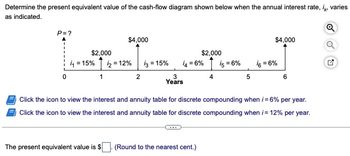 **Transcription and Diagram Explanation for Educational Website:**

---

**Objective:**
Determine the present equivalent value of the cash-flow diagram provided below, given the variable annual interest rates (\(i_k\)).

**Cash-Flow Diagram:**

- **Years and Cash Flows:**
  - **Year 0:** Present value \(P = ?\)
  - **Year 1:** $2,000
  - **Year 2:** No cash flow
  - **Year 3:** $4,000
  - **Year 4:** No cash flow
  - **Year 5:** $2,000
  - **Year 6:** $4,000

- **Interest Rates:**
  - **\(i_1 = 15\%\) for Year 1**
  - **\(i_2 = 12\%\) for Year 2**
  - **\(i_3 = 15\%\) for Year 3**
  - **\(i_4 = 6\%\) for Year 4**
  - **\(i_5 = 6\%\) for Year 5**
  - **\(i_6 = 6\%\) for Year 6**

**Interactive Elements:**

- **Interest and Annuity Tables:**
  1. *Access the table for discrete compounding when the interest rate (\(i\)) is 6% per year.*
  2. *Access the table for discrete compounding when the interest rate (\(i\)) is 12% per year.*

**Calculation:**
To find the present equivalent value, click the respective icons for interest and annuity tables depending on the interest rates provided above.

**Result:**
The present equivalent value is $[ \_\_ ]. (Round to the nearest cent.)**

---

*Note: Ensure to round your final result to the nearest cent as instructed.*