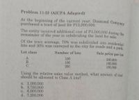 At the beginning of the current year, Diamond Company
Problem 11-23 (AICPA Adapted)
purchased a tract of land for P12,000,000.
The entity incurred additional cost of Pa,000,000 during the
remainder of the year in subdividing the land for aale
Of the tract nccrenge, 70% was subdivided into residential
lots and 30% was conveyed to the city for roads and a park
Sale, price per lot
Lot elass
Number of lots
100
100
200
240,000
160,000
100,000
C.
Using the relative sales value method, what amount of cot
should be allocated to Class A lota?
a 3,000,000
b. 3,750,000
e. 6,000,000
d. 7,200,000
