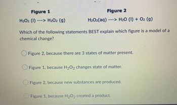 **Understanding Chemical and Physical Changes: Figures and Analysis**

**Figure 1:**  
\[ \text{H}_2\text{O}_2 (\text{l}) \rightarrow \text{H}_2\text{O}_2 (\text{g}) \]

**Figure 2:**  
\[ \text{H}_2\text{O}_2(\text{aq}) \rightarrow \text{H}_2\text{O} (\text{l}) + \text{O}_2 (\text{g}) \]

**Question:**  
Which of the following statements BEST explains which figure is a model of a chemical change?

1. ( ) Figure 2, because there are 3 states of matter present.
2. ( ) Figure 1, because H₂O₂ changes state of matter.
3. ( ) Figure 2, because new substances are produced.
4. ( ) Figure 1, because H₂O₂ created a product.

---

**Explanation:**

- **Figure 1 Explanation:** 
  - This figure illustrates a physical change where hydrogen peroxide (\[ \text{H}_2\text{O}_2 \]) transitions from liquid (\[ \text{l} \]) to gas (\[ \text{g} \]). The chemical composition of \[ \text{H}_2\text{O}_2 \] remains the same. 

- **Figure 2 Explanation:**
  - This figure represents a chemical change. Hydrogen peroxide (\[ \text{H}_2\text{O}_2 \]) in aqueous solution (\[ \text{aq} \]) decomposes into water (\[ \text{H}_2\text{O} \]) and oxygen gas (\[ \text{O}_2 \]). New substances are produced in this reaction, indicating a chemical change.

**Best Explanation:**
The third statement, "Figure 2, because new substances are produced," correctly identifies Figure 2 as a model of a chemical change because it involves the creation of new substances (\[ \text{H}_2\text{O} \] and \[ \text{O}_2 \]).