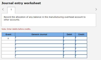 Journal entry worksheet
<
1
Record the allocation of any balance in the manufacturing overhead account to
other accounts.
Note: Enter debits before credits.
Event
a.
General Journal
Debit
Credit