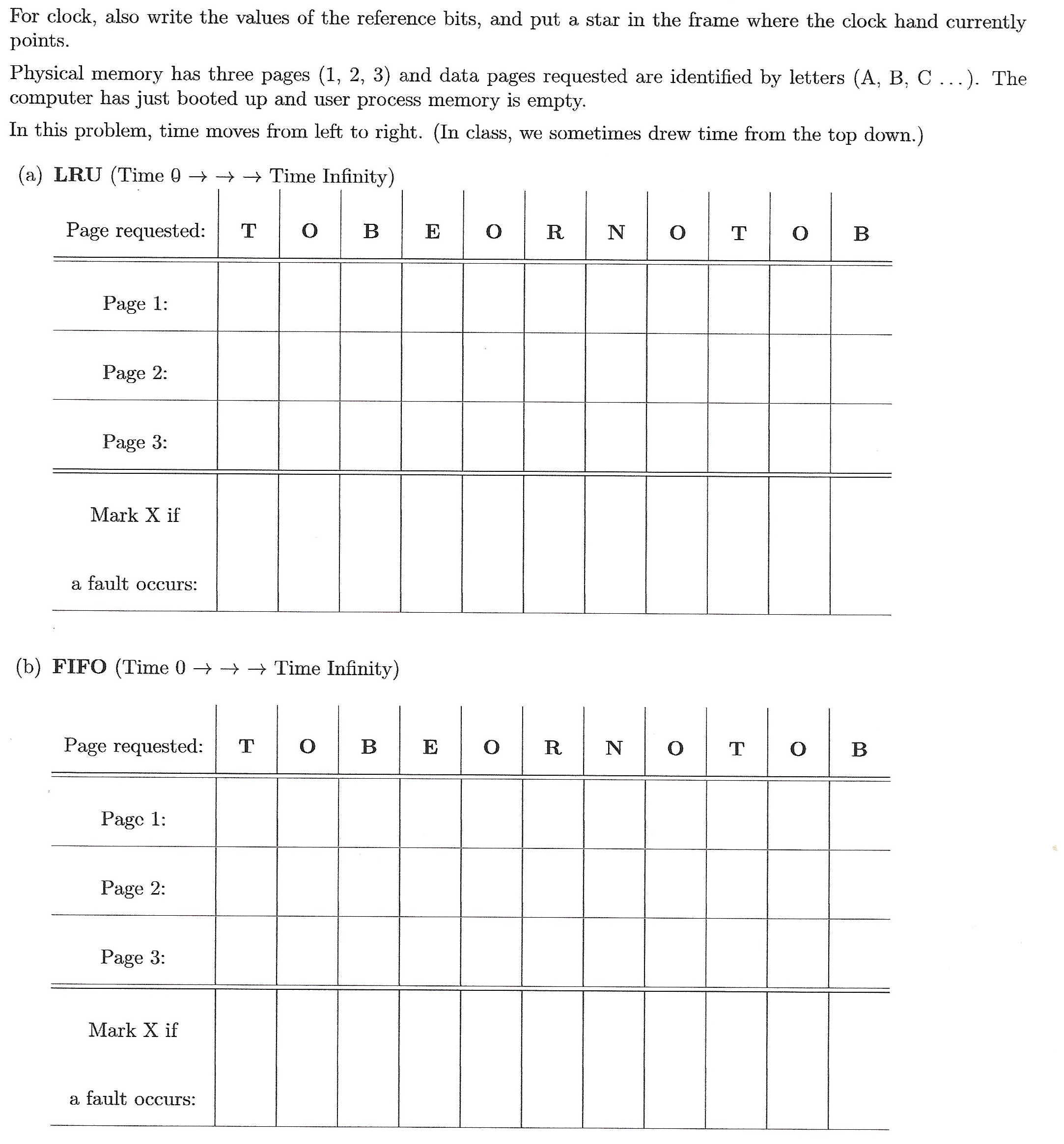 For clock, also write the values of the reference bits, and put a star in the frame where the clock hand currently
points
Physical memory has three pages (1, 2, 3) and data pages requested are identified by letters (A, B, C...). The
computer has just booted up and user process memory is empty
In this problem, time moves from left to right. (In class, we sometimes drew time from the top down.)
(a) LRU (Time 0 >-> -> Time Infinity)
Page requested:
т
O
В
Е
O
R.
N
O
т
O
В
Page 1
Page 2
Page 3
Mark X if
a fault occurs:
(b) FIFO (Time 0 > ->-+ Time Infinity)
Page requested:
O
В
E
O
R.
O
В
O
Page 1
Page 2
Page 3
Mark X if
a fault occurs:
EH
